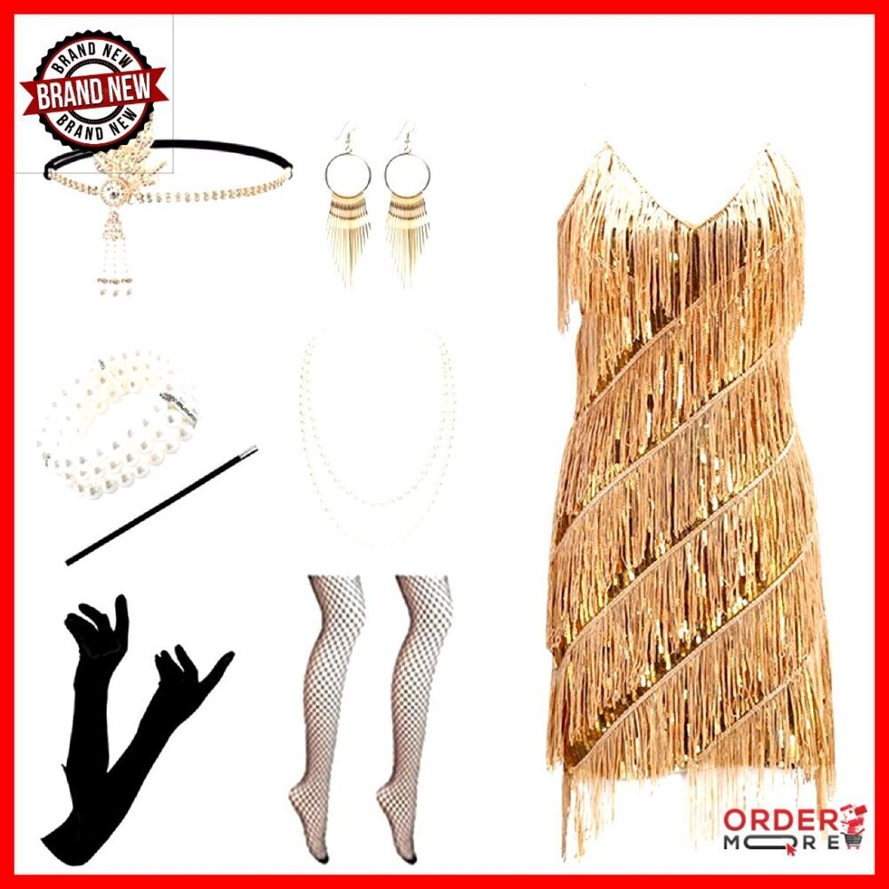 1920s Flapper Dress with Fringe, V-Neck, Accessories Included